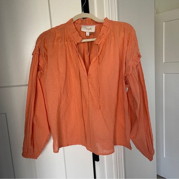 NWT Cleobella Phoenix Coral Blouse Organic Cotton Dobby Split Nec Ruffle Boho - Picture 2 of 5